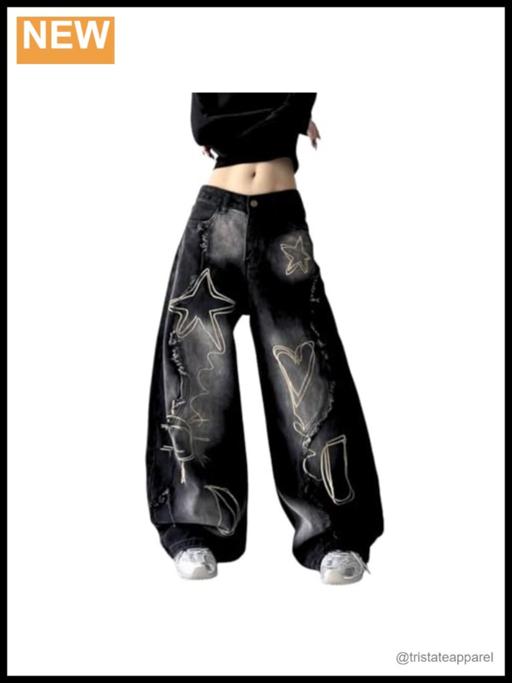 Wide Leg Baggy Barrel Jeans with Star Patchwork Denim Pants